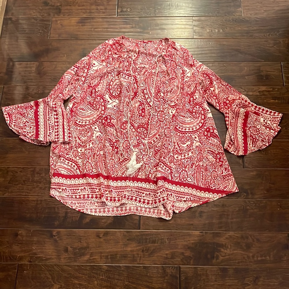 Red/white mini dress with fitted sleeve attached to an oversized sleeve cuff